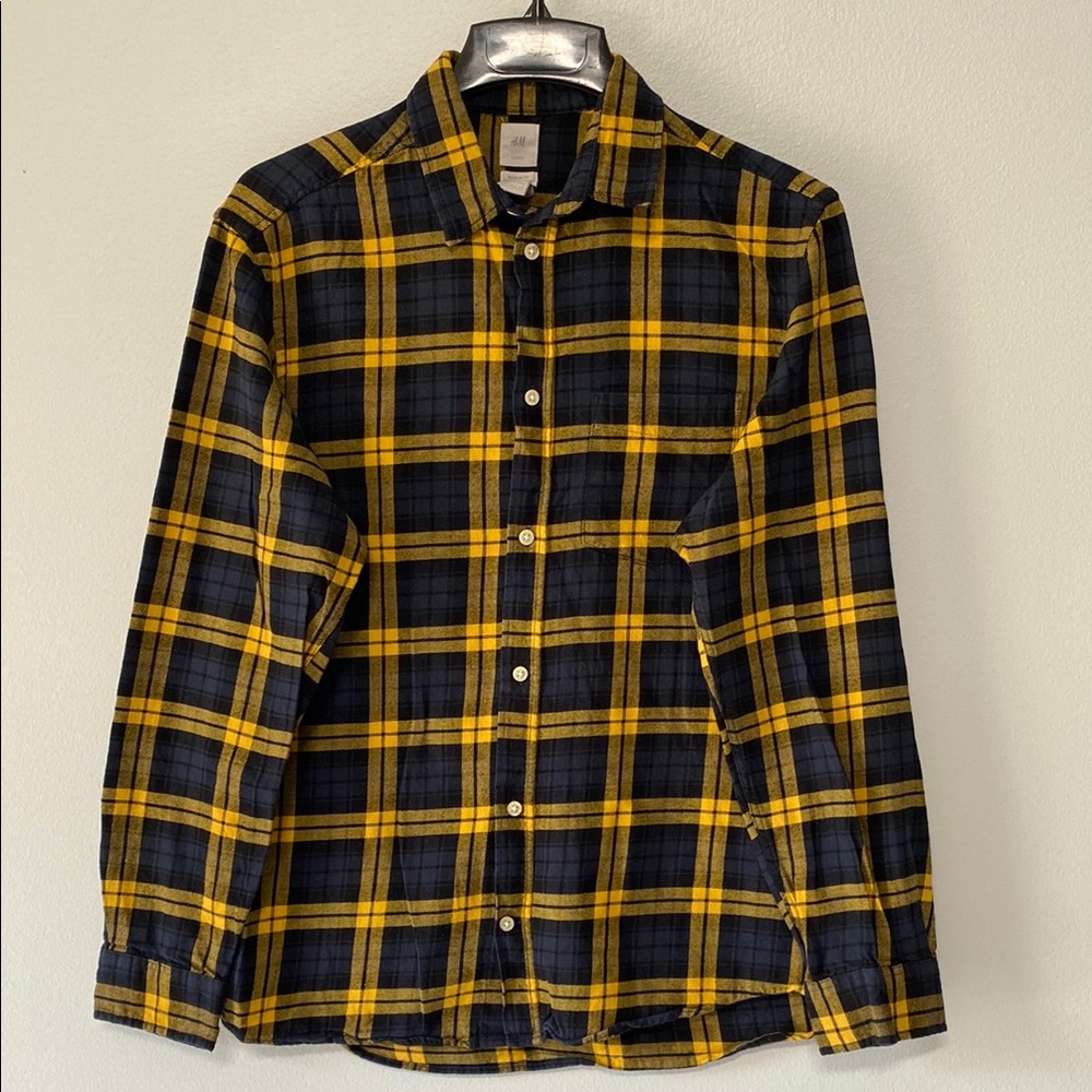 H&H Men's Yellow and Black Plaid Shirt Size M